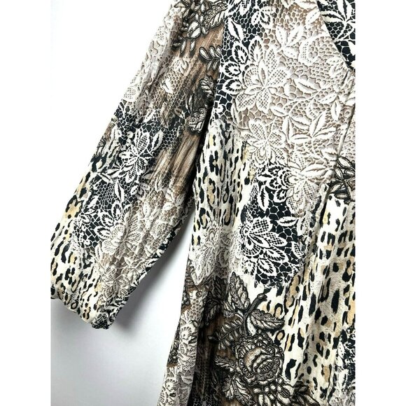 Chicos Women's Top XL V Neck Mixed Media Animal Cheetah Black Brown Stretch 3/4 - Picture 5 of 6